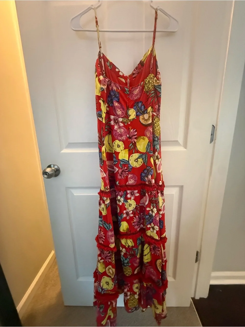 Aqua Red Tropical Fruit Tiered Maxi Dress